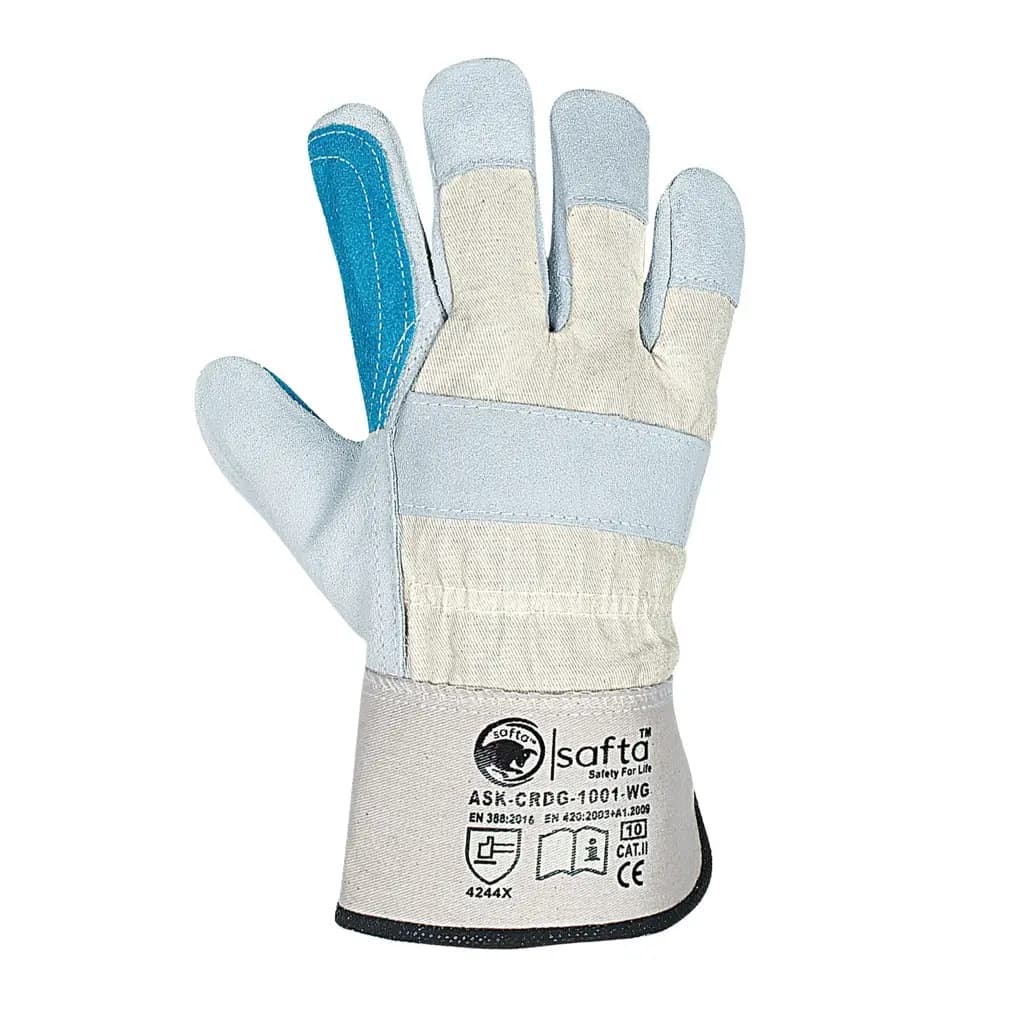 heavy duty work gloves Close-up of durable leather work gloves with reinforced double palm, ideal for gardening and heavy-duty tasks. High-quality cow split leather ensures protection and flexibility | safta beeheavy duty work gloves